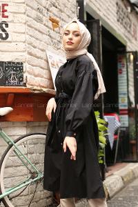 Modalamelif Fularlı Uzun Gömlek Siyah