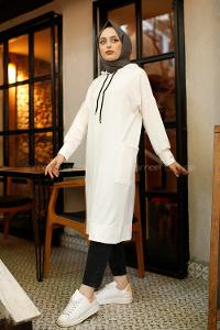 Modalamelif Kapşonlu Uzun Cep Detaylı Sweatshirt Beyaz