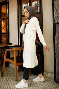 Modalamelif Kapşonlu Uzun Cep Detaylı Sweatshirt Beyaz