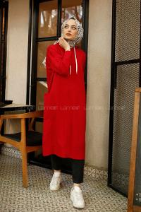 Modalamelif Kapşonlu Uzun Cep Detaylı Sweatshirt Kırmızı