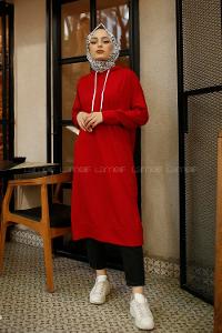 Modalamelif Kapşonlu Uzun Cep Detaylı Sweatshirt Kırmızı