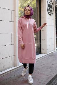 Modalamelif Kapşonlu Uzun Cep Detaylı Sweatshirt Pudra