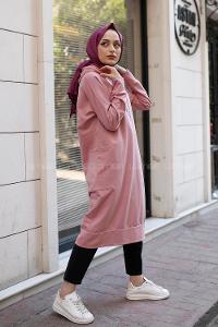 Modalamelif Kapşonlu Uzun Cep Detaylı Sweatshirt Pudra