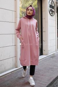 Modalamelif Kapşonlu Uzun Cep Detaylı Sweatshirt Pudra