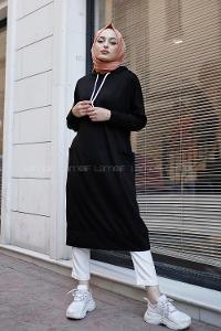 Modalamelif Kapşonlu Uzun Cep Detaylı Sweatshirt Siyah