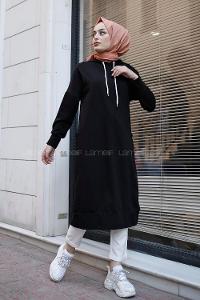 Modalamelif Kapşonlu Uzun Cep Detaylı Sweatshirt Siyah