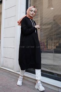 Modalamelif Kapşonlu Uzun Cep Detaylı Sweatshirt Siyah