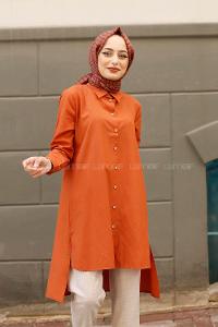 Modalamelif Yırtmaçlı Arkası Uzun Gömlek Kiremit