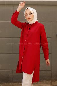 Modalamelif Yırtmaçlı Arkası Uzun Gömlek Kırmızı