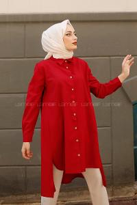 Modalamelif Yırtmaçlı Arkası Uzun Gömlek Kırmızı