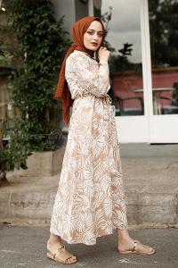 Modalamelif Tropikal Elbise Vizonrengi