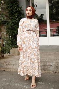 Modalamelif Tropikal Elbise Vizonrengi