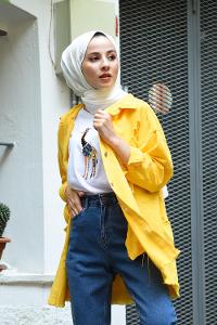 Modalamelif Yırtık Arkası Yazılı Model Kot Ceket Sarı