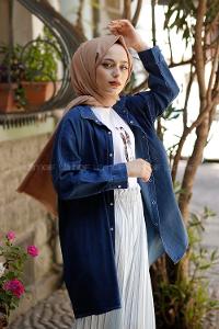 Modalamelif Oversize Gizli Cepli Kot Gömlek Koyu Mavi