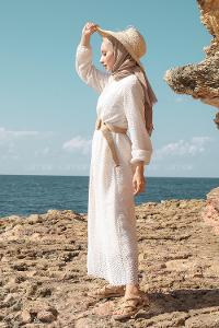 Lamelif Hasır Kemerli Astarlı Tesettür Elbise Ekru