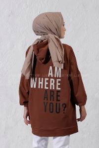 Modalamelif Salaş Kapşonlu Arka Yazılı Sweat Acı Kahve