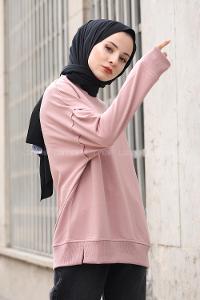 Modalamelif Düz Renkli Dikişli Sweatshırt Gül Kurusu