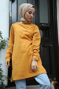 Modalamelif A Better Baskılı Yırtmaçlı Sweatshirt  Hardal Sarısı