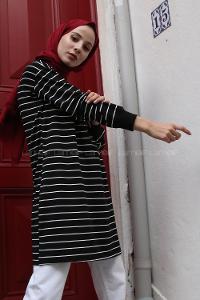 Modalamelif Çizgili Basıc Tunik Siyah