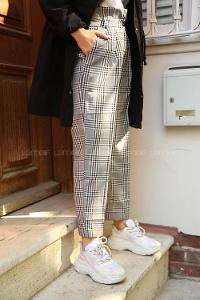 Modalamelif Yüksek Bel Fırfırlı Kareli Ekose Pantolon Gri