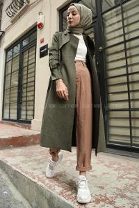 Modalamelif Bağlamalı Süet Trenç Haki