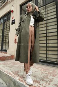 Modalamelif Bağlamalı Süet Trenç Haki