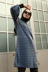 Modalamelif Balon Kol Çizgili Bileği Lastikli Sweat  İndigo