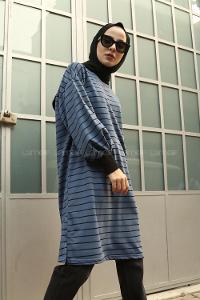 Modalamelif Balon Kol Çizgili Bileği Lastikli Sweat  İndigo