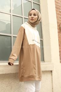 Modalamelif Kapşonlu İnterested Baskılı Sweat Sütlü Kahve