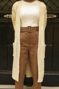 Modalamelif Saç Örgülü Çift Cepli Hırka Kemik Rengi