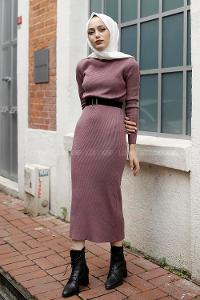 Modalamelif Fitilli Uzun Triko Elbise Açık Mor