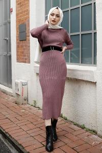 Modalamelif Fitilli Uzun Triko Elbise Açık Mor