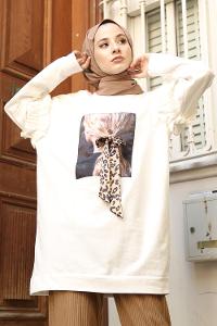 Modalamelif Omzu Fırfırlı Baskılı Sweat Beyaz