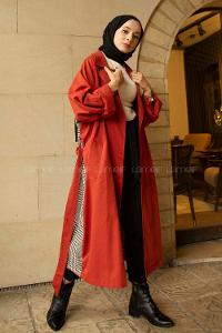 Modalamelif Arkası Ekose Desen Belden Bağlamalı Trenç Kiremit