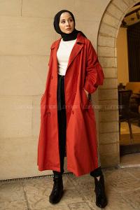 Modalamelif Arkası Ekose Desen Belden Bağlamalı Trenç Kiremit