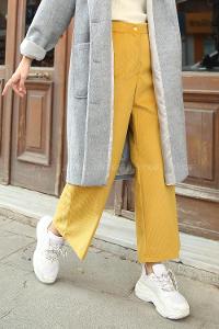 Modalamelif Bol Paça Kadife Pantolon Hardal Sarısı