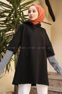 Lamelif Kolu Çizgi Detaylı  Kapşonlu Sweat Siyah