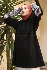 Lamelif Kolu Çizgi Detaylı  Kapşonlu Sweat Siyah