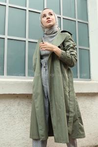 Modalamelif  Belden Bağlamalı Çift Cep Detaylı Trençkot Yeşil