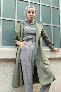 Modalamelif  Belden Bağlamalı Çift Cep Detaylı Trençkot Yeşil