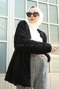 Modalamelif Beli Lastikli Kapşonlu Peluş Kürk Mont Siyah