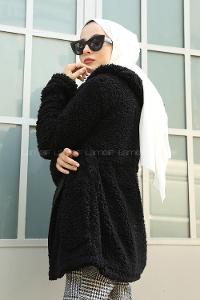 Modalamelif Beli Lastikli Kapşonlu Peluş Kürk Mont Siyah