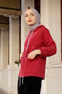 Modalamelif Kapaklı Cepli Kapşonlu Fermuarlı Sweat Kırmızı