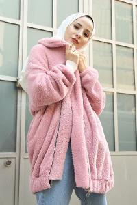 Lamelif Peluş Mont Pudra