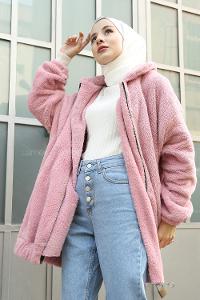 Lamelif Peluş Mont Pudra