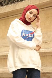 Modalamelif Nasa Yazı Baskılı Kapşonlu Sweat Beyaz