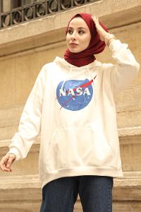 Modalamelif Nasa Yazı Baskılı Kapşonlu Sweat Beyaz