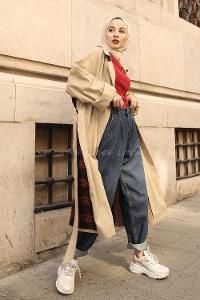 Modalamelif Arkası Potikare Desen Belden Bağlamalı Trenç Bej