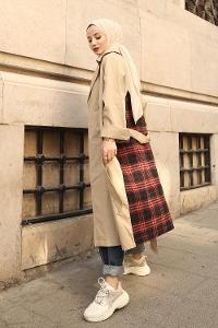 Modalamelif Arkası Potikare Desen Belden Bağlamalı Trenç Bej