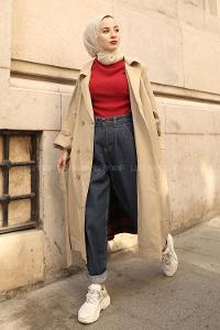 Modalamelif Arkası Potikare Desen Belden Bağlamalı Trenç Bej